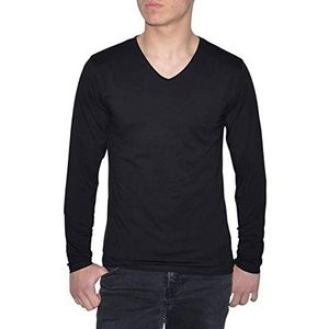 Young & Rich Heren Longsleeve 10 kleuren V-hals - Lange Mouw Shirt Effen Slim Fit - Uni Basic V-hals Shirt Stretch - Maat S tot 3XL, zwart, S