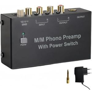 AIFIZO Phono Voorversterker, platenspeler, zwart, stereo-versterker met niveau, RCA-ingang & output, phono voorversterker, platenspeler met DC 12 V voeding