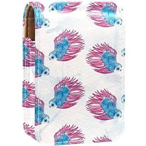 Lippenstift Hoesje met Spiegel Blauw Roze Patroon Aquarel Vissen Lip Glans Houder Draagbare Lippenstift Opbergdoos Reizen Make-up Tas Mini Lederen Cosmetische Pouch Houdt 3 Lippenstift