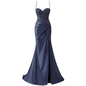 BRIGOW Satijnen bruidsmeisjesjurken voor dames, voor bruiloft, met slib, zeemeermin, formele avondjurken, grote maten, Donkerblauw, 50