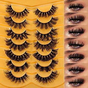 Cat Eye Valse Eeylashes Faux Mink Wimpers Wispy Cat Eye 6D Volume Russische Strip D Krul Dikke Gekruiste Zachte Nep Wimpers 7 paar Pack [F, ]