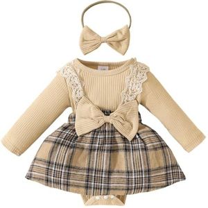 HEOXIN pasgeboren baby meisjes kledingset, lange mouwen romper, Bodysuits geruite jurk en hoofdband met strik knoop kledingset, baby meisjes outfit voor 3-6 maanden Baby meisje, abrikoos