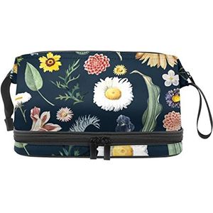 Bloemen Make-upzak Dubbele Laag Ruime Cosmetische Zakken voor Vrouwen en Meisjes Reizen Draagbare Toiletry Pouch met Rits, Meerkleurig, 27x15x14 cm/10.6x5.9x5.5 in, Make-up zakje