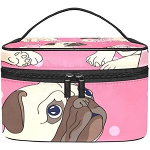 Grappige Animal Pug Boog Patroon Roze Make-up Organizer Bag, Reizen Make-up Tas Organizer Case Draagbare Cosmetische Tas voor Vrouwen en Meisjes Toiletartikelen, Meerkleurig, 22.5x15x13.8cm/8.9x5.9x5.4in