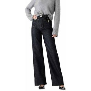 KIKIATA Tummy Control Sailor Brede Pijpen Broek Hoge Taille Casual Rechte Pijpen Jeans voor Vrouwen Knoop Denim Broek met Zak, Zwart (hoog), XL