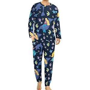 Zeemeermin en dolfijnen comfortabele heren pyjama set ronde hals lange mouw loungewear met zakken S