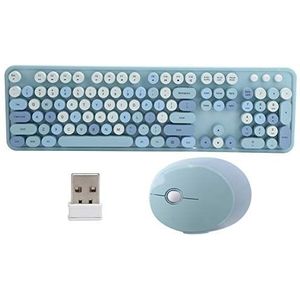 Retro toetsenbordmuisset - Typemachine toetsenbord draadloos, Desktop schattig toetsenbord, 104 toetsen toetsenbordmuiscombinatie, Retro ronde keycap, 1600 DPI rond draadloos toetsenbord(Blauw)