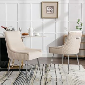 Aunvla Set van 6 eetkamerstoelen met verticale strepen, gestoffeerde stoel, metalen poten met metalen handgreep, moderne loungestoel, slaapkamer-woonkamerstoel, beige