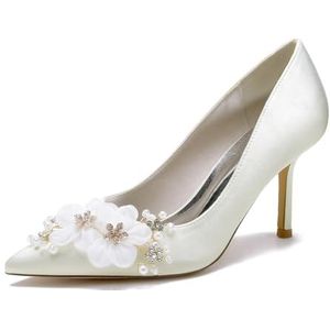 EICOFF Dames Hoge Hakken Jurk Pomps Schoenen Puntige Teen Stiletto Hak Strass Kant Bloem Slip-op Bruiloft Bruid Avondfeest Promschoenen,ivoor,36 EU