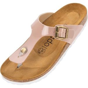 Palado Kos Teenslippers voor dames, modieuze sandalen met natuurlijk kurk-voetbed, damesschoenen met zool van het fijnste suède, aangename sandalen, lak roze, 41 EU