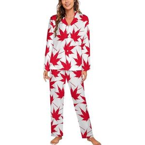 Canada Rode Esdoornbladeren Vrouwen Pyjama Sets Tweedelige Button Down Nachtkleding Lange Mouw Top En Broek Loungewear