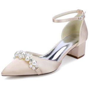 EICOFF Dames Chunky Gesloten Teen Pumps Lage Blokhak Trouwschoenen Vrouwen Satijn Enkelriem Parels Bruid Bruiloft Jurk Schoen,Champagne,35 EU