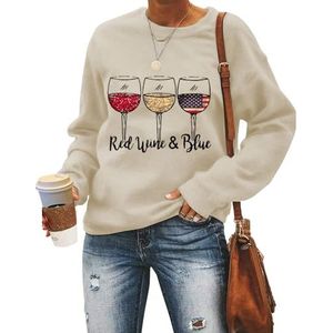 MLZHAN Rode wijn & blauw dames sweatshirt zomer grappige wijnglazen Amerikaanse vlag grafische shirts onafhankelijkheidsdag mode tops (XXL, beige), Beige, XXL