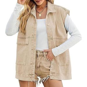 QLXYYFC Dames Denim Vest met Capuchon Oversized Boyfriend Denim Jeans Vest Los Mouwloos Denim Jasje Vintage met Zakken Hoodie Jasje met Knoop Uitloper Lente Herfst (Color : Beige, Size : XL)