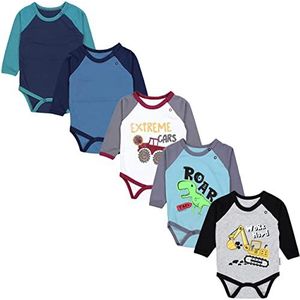 TupTam Baby Jongens Rompertjes met Lange Mouwen 5-Pack, Graafwerktuig Monster Tuck Dino Grijs Blauw Groen, 74