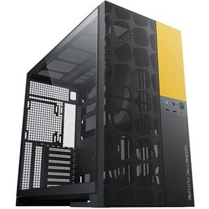 Geometric Future M5 Vent Mesh Voorpaneel Gehard Glas Midden Tower, E-ATX/ATX Gaming Case, Hoge Luchtstroom, 1.2mm Staal, Type C, Ondersteuning 420/360 Radiator, Dual-Chamber, Zwart/Geel, GEO-M5V-BY
