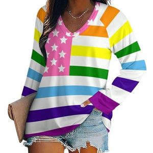 LGBT Gay Pride USA vlag dames casual T-shirts met lange mouwen V-hals bedrukte grafische blouses Tee Tops 4XL