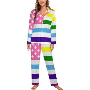 LGBT Gay Pride USA vlag vrouwen lange mouw button down nachtkleding zachte nachtkleding lounge pyjama set 2XL