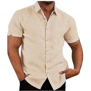 Katoenen Linnen Herenoverhemd, Korte Mouwen, Normale Pasvorm, Strand-casual Overhemd, Zomeroverhemden Met Zak(Yellow,4XL)