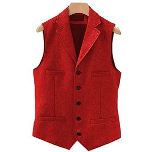 Heren Pak Tweed Vest Wol Tweed Formele Zakelijke Retro Tuexdo Vest Groomsman, Rood, XS