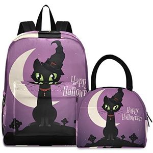 Halloween alleen kat boekentas lunchpakket set schouder rugzak boekentas kinderrugzak geïsoleerde lunchbox-tas voor meisjes jongens, Patroon., Medium