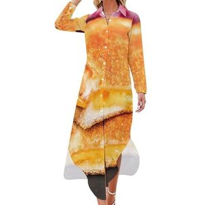 Gegrilde kaas sandwich dames maxi-jurk lange mouwen knopen overhemd jurk casual feest lange jurken XL