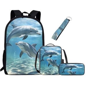 Chririnla 4 Stks Schooltas Set voor Jongens Meisjes Tieners, 17Inch Boekentas+Pen Bag+Sleutelhanger Terug naar School Supplies, Dolfijn, Rugzakken