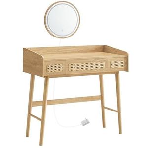 SONGMICS HOME BOHOVEN Collectie Make-uptafel met spiegel, verlichting, make-uptafel 3 laden in rotan-look, touch-bediening, 3 lichtkleuren, dimbaar, boho-stijl, slaapkamer, eikenbeige