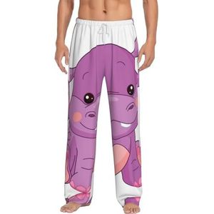 Cartoon Paars Hippo Mannen Lange Lounge Wear Broek Nachtkleding Pyjama Bodems Nachtkleding Met Zakken En Trekkoord, Wit, S