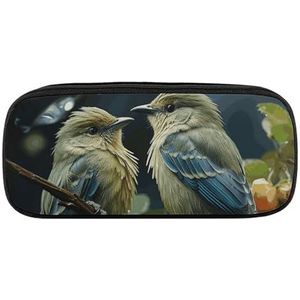 DDTKLSNV Lederen Potlood Tas Waterdichte Leuke Pen Case Reizen Cosmetische Make-up Tas Organizer Pen Houder voor Mannen Vrouwen, Groene Bladeren En Vogels