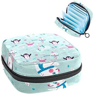 Periode Pouch Draagbare Tampon Opbergtas,Tampon Houder voor Portemonnee Vrouwelijke Product Organizer,Kleurrijke Doodle Penguin Bear Konijn Woorden Patroon, Meerkleurig, 4.7x6.6x6.6 in/12x17x17 cm