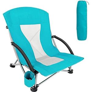 GEIRONV Low Seat strandstoel, reispicknick caravanreizen met gewatteerde armleuningen stoel buiten camping vouwstoel met bekerhouder Fauteuils (Color : Green)