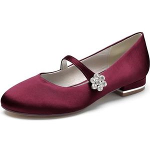 Womens Closed Toe Bruiloft Flats Mary Jane Met Riem Ronde Neus Avondschoenen,Burgundy,36 EU