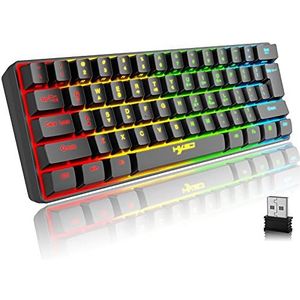 Toetsenbord Gaming Draadloos, 61 Toetsen Bluetooth 5.0 + 2.4G Dual-Mode Rainbow Backlit Ergonomisch Ultracompact Stil 60% Toetsenbord met Oplaadbare Batterij voor Windows Mac PC PS4 Gamer, Zwart