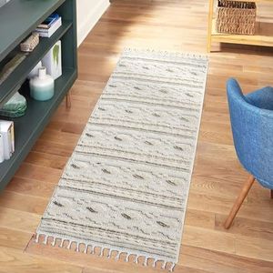 carpet city Tapijtloper voor de slaapkamer, boho, hal, crème, 80 x 300 cm, geo-patroon, reliëf, 3D-effect, cut-&lus, sisal, modern tapijt met franjes