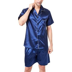 Satijnen pyjamaset met korte mouwen voor heren, Marineblauw met witte bies, M