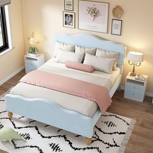 Aunvla Slaapkamerset, modern design gestoffeerd bed + 2 x nachtkastje, nachtkastje met 2 laden, slaapkamermeubelset, fluweel, blauw (140x200 cm)