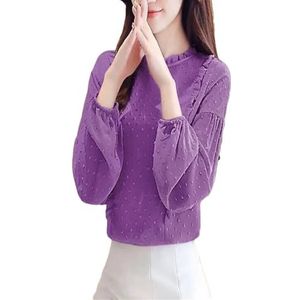 Dameskleding Elegante Effen Kleur Ruches Chiffon Blouse Lente Casual Lantaarn Mouw Truien Shirt, Paars, M