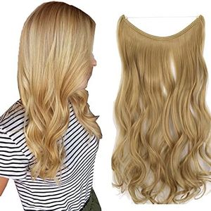 iLUU Hair Haarextensions, 45 cm, synthetische golvende haarverlengingen, 80 gram, #22 middelblond, onzichtbare verborgen, vislijn, draadloze krullende haarverlengingen voor vrouwen