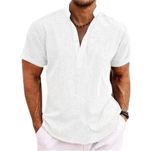 Zomeroverhemd For Heren Overhemden Met Korte Mouwen Henley-casual Overhemd For Heren Zomeroverhemd Casual Lichtgewicht Overhemden Linnen Overhemd heren t-shirt(Blanc,XL)
