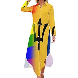 LGBT Pride Barbados Flag Maxi-jurk voor dames, lange mouwen, knoopjurk, casual feestjurk, lange jurk, 4XL