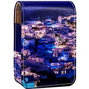 Geweldige Griekse Santorini Night Draagbare Lipstick Case voor reizen, Mini Lipstick Opbergdoos met spiegel voor vrouwen dames, Lederen cosmetische etui, Meerkleurig, 9.5x2x7 cm/3.7x0.8x2.7 in