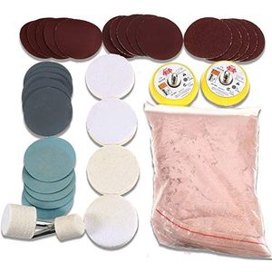 Polijstset voor glas, 34 stuks, diepe krasverwijderaar, 230 g, ceriumoxide poeder en polijstpads, schuurschijf 50 mm / 2 inch