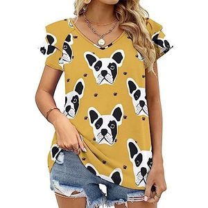 Bulldog & Paw print dames casual tuniek tops ruches korte mouwen T-shirts V-hals blouse T-shirt