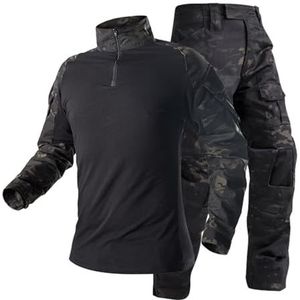 Tactisch Herenshirt en Broek Set, Lange Mouwen, Jacht in Het Bos, Militair Uniform voor Bergbeklimmen Fietsen Reizen Militaire Training(Dark Night,3XL)