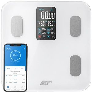 Active Era Smart Weegschaal met Groot Led-Display en Oplaadbaar - Bluetooth Digitale Weegschaal met 16 metingen, Hoge Precisie Lichaamsgewicht, Body Mass Index (BMI), Gratis Smartphone App - Wit