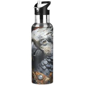 Zilveren sterke sportwaterfles voor papegaai, geïsoleerde roestvrijstalen grote vacuümfles, lekbestendige thermoskan met rietje voor op reis (600 ml/1000 ml)