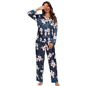 GOSO Damespyjama's set satijnen pyjama dames button down pyjama lange mouwen top en broek nachtkleding Lady Nightwear zachte sets, blauw, XL