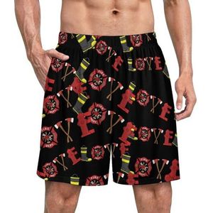 Love Firefighter grappige pyjama shorts voor mannen pyjamabroek heren nachtkleding met zakken zacht