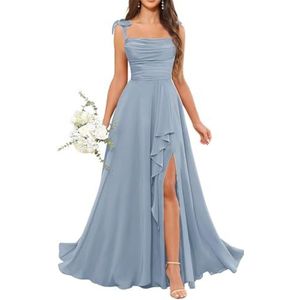 Dames chiffon bruidsmeisjes jurken met split lange galajurken ruches cocktailjurk plus size, Dusty Blauw, 32